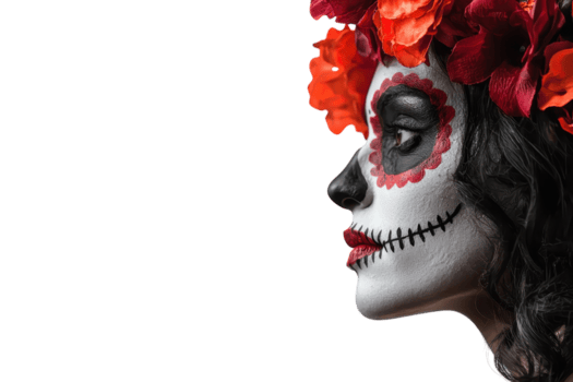 Seite Profil von ein Frau mit Tag von das tot Gesicht Farbe und rot Blume Krone, feiern dia de los Muertos auf transparent Hintergrund. png