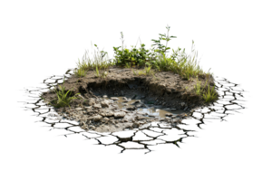 A small muddy patch with sparse grass and plants growing around it isolated on a transparent background. png