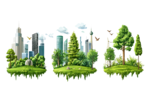 illustration of a cityscape and forest harmoniously integrated with trees, green spaces, and buildings under a blue sky with clouds. png