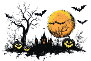 Spooky Halloween night scene with haunted house, jack-o-lanterns, full moon, and flying bats. Perfect for Halloween-themed designs. png