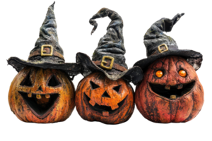Three carved pumpkins wearing witch hats, showcasing spooky and fun Halloween decorations, perfect for holiday themes and festive imagery. png