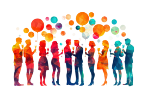 Vibrant silhouette of diverse people in conversation with colorful speech bubbles. Abstract representation of communication and social interaction. png