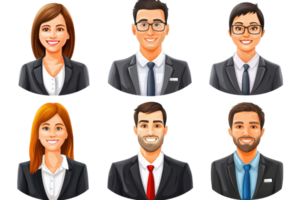 illustration of six business professionals in suits, smiling and looking forward, isolated on a transparent background. png