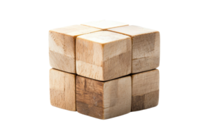 Wooden puzzle cube isolated on transparent background. showcasing craftmanship and simplicity. Ideal for educational and recreational purposes. png