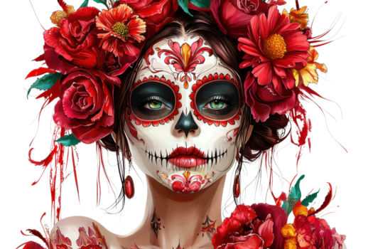 beschwingt, fesselnd dia de los Muertos bilden mit Blumen- Krone, feiern Mexikaner Kultur und Kunst. bunt, detailliert Gesicht malen. png