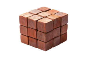Wooden puzzle cube made of small blocks, isolated on transparent background. 3D geometric wooden toy for brain training and education. png