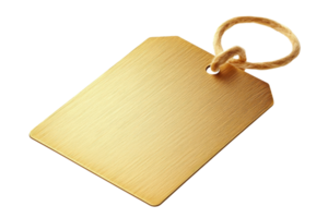 A blank, rectangular, gold-colored metal keychain with a shiny finish, isolated on a transparent background. Perfect for branding or personalization. png