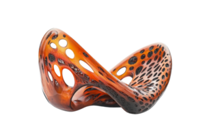 Abstract modern curved sculpture with orange and black design and perforated pattern, isolated on transparent background. png