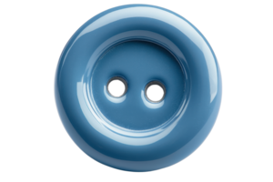 Close-up of a shiny blue button with two holes, isolated on transparent background. Ideal for sewing and crafting projects. png