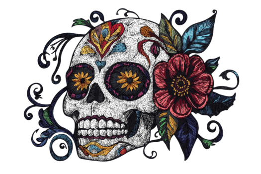 bunt Tag von das tot Zucker Schädel Illustration mit Blumen- Muster, feiern das Mexikaner Urlaub dia de los Muertos. png