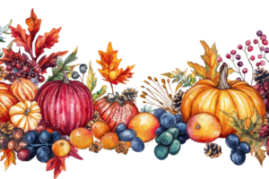 Colorful autumn harvest arrangement with pumpkins, leaves, berries, and fruits, perfect for seasonal decoration and festive design projects. png