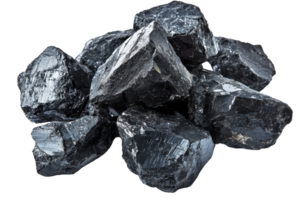 Close-up of black coal stones isolated on transparent background. showcasing rough, natural texture and dark color, ideal for industrial use imagery. png