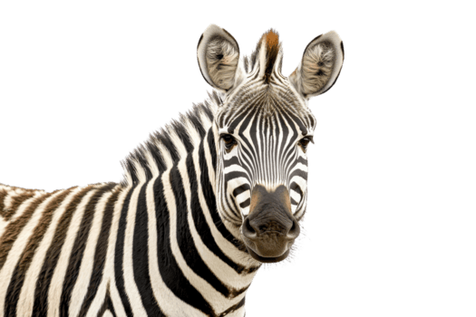 Close-up of a zebra with black and white stripes, isolated on a transparent background. showcasing its unique pattern and details. png