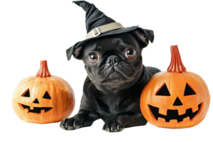 Cute black puppy in a witch hat with carved pumpkins, celebrating Halloween, isolated on transparent background. png