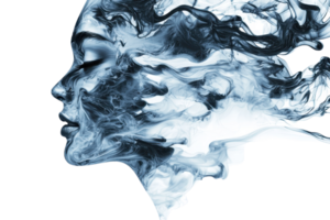 Digital art of a human face blending with smoke, creating a dreamy and surreal visual effect. Perfect for creative designs and fantasy themes. png