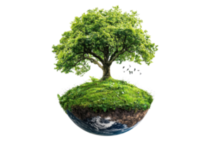 Floating island with lush green tree and foliage, symbolizing nature conservation and environmental protection. png