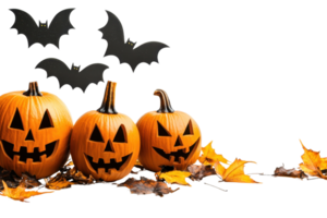 Halloween scene with carved pumpkins, autumn leaves, and bats in the background. Perfect for Halloween decorations and festive ambiance. png