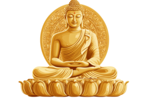 Golden Buddha statue in meditation pose, depicting serenity and spiritual enlightenment against a decorative background. png
