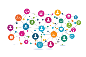 Colorful network of interconnected icons representing social media and communication, depicting online interaction and connectivity. png