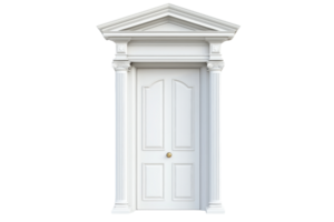 Elegant closed white classical door with columns and pediment isolated on transparent background. architectural detail of entrance. png