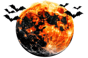 Fiery, spooky-themed planet with bats flying across. Perfect for Halloween, fantasy, or science fiction projects. png