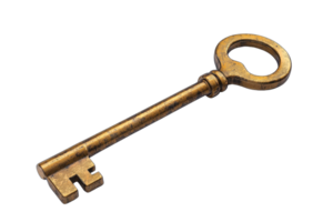 Vintage brass key with an aged patina, isolated on a transparent background. Ideal for concepts related to security, history, and mystery. png