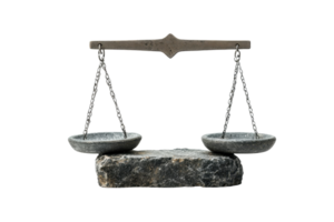 Vintage metal balance scale on a stone base, isolated on transparent background. Symbol of justice, fairness, and equilibrium. png