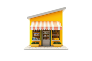 Charming small shop with a yellow exterior and striped awning, showcasing various products in the display window. png