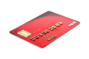 Close-up of a red credit card with an embedded chip, showing card details against a transparent background. perfect for finance and payment concepts. png
