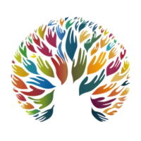 Colorful handprint tree symbolizes unity and diversity, with an array of vibrant hands forming a tree shape, representing community and inclusion. png