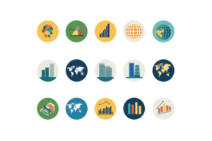Colorful business and analytics icons featuring charts, graphs, and world maps, ideal for economic and financial presentations. png