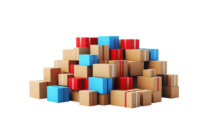 Pile of various colorful packages in different sizes on a transparent background. Concept of shipping, delivery, and e-commerce logistics. png