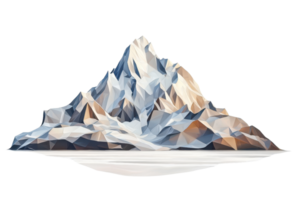 Low poly geometric illustration of a mountain with snowy peaks and sharp edges, isolated on transparent background. png