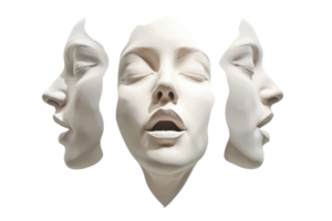 Abstract 3D rendering of a woman's facial expressions, capturing various emotions and perspectives in a modern, artistic style. png