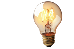 Vintage incandescent light bulb glowing on transparent background. showcasing classic filament design and warm illumination. png