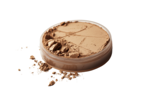 Close-up shot of a broken face powder in a container, isolated on a transparent background. highlighting makeup and cosmetics. png