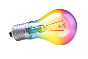 Colorful light bulb with a rainbow gradient effect isolated on transparent background. symbolizing creativity, ideas, and innovation. png