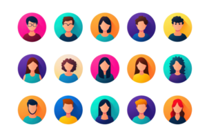 A collection of colorful avatar icons representing diverse people, ideal for social media profiles, user interfaces, and online communities. png