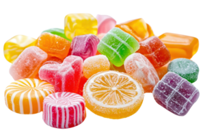 A vibrant assortment of colorful hard candies in various shapes and sizes, perfect for adding a sweet touch to your design projects. png