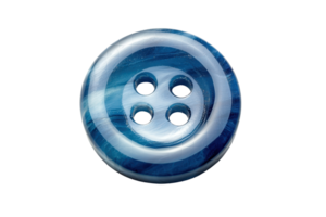 Close-up of a blue button with four holes, perfect for crafts and sewing projects. High-resolution image ideal for fabric and textile designs. png