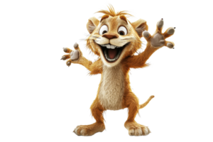 Cheerful animated lion cub with open arms and wide smile isolated on transparent background. Ideal for children's content and graphics. png