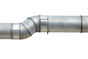 Close-up of a metallic air duct with insulation, showcasing industrial ventilation system part on a transparent background. png
