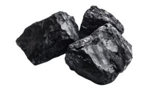 Close-up image of three shiny black coal rocks, commonly used for energy production and industrial applications. png