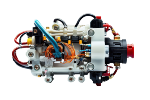 Close-up of a complex mechanical part with visible wiring and components, isolated on a transparent background. png