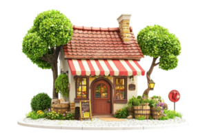 Charming small shop with red striped awning, nestled between two lush trees. Cozy, rustic, and inviting storefront with flower decorations. png