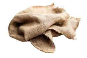 Close-up of a crumpled burlap sack isolated on transparent background. showcasing texture and rustic style. Perfect for textile, rustic and vintage themes. png