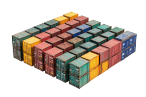Colorful shipping containers stacked in rows, isolated on a transparent background. representing global trade and logistics. png