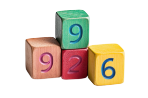 Colorful wooden number blocks arranged in a pyramid on a transparent background. Perfect for educational and playful concepts. png