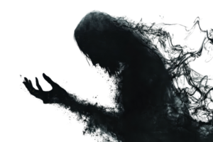 Dark abstract figure dissolving into shadows, conveying a mysterious and eerie atmosphere, excellent for spooky themes. png
