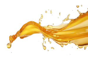 Dynamic splash of golden liquid with splatters, isolated on a transparent background. High-definition capture showcasing fluid movement and vibrant colors. png